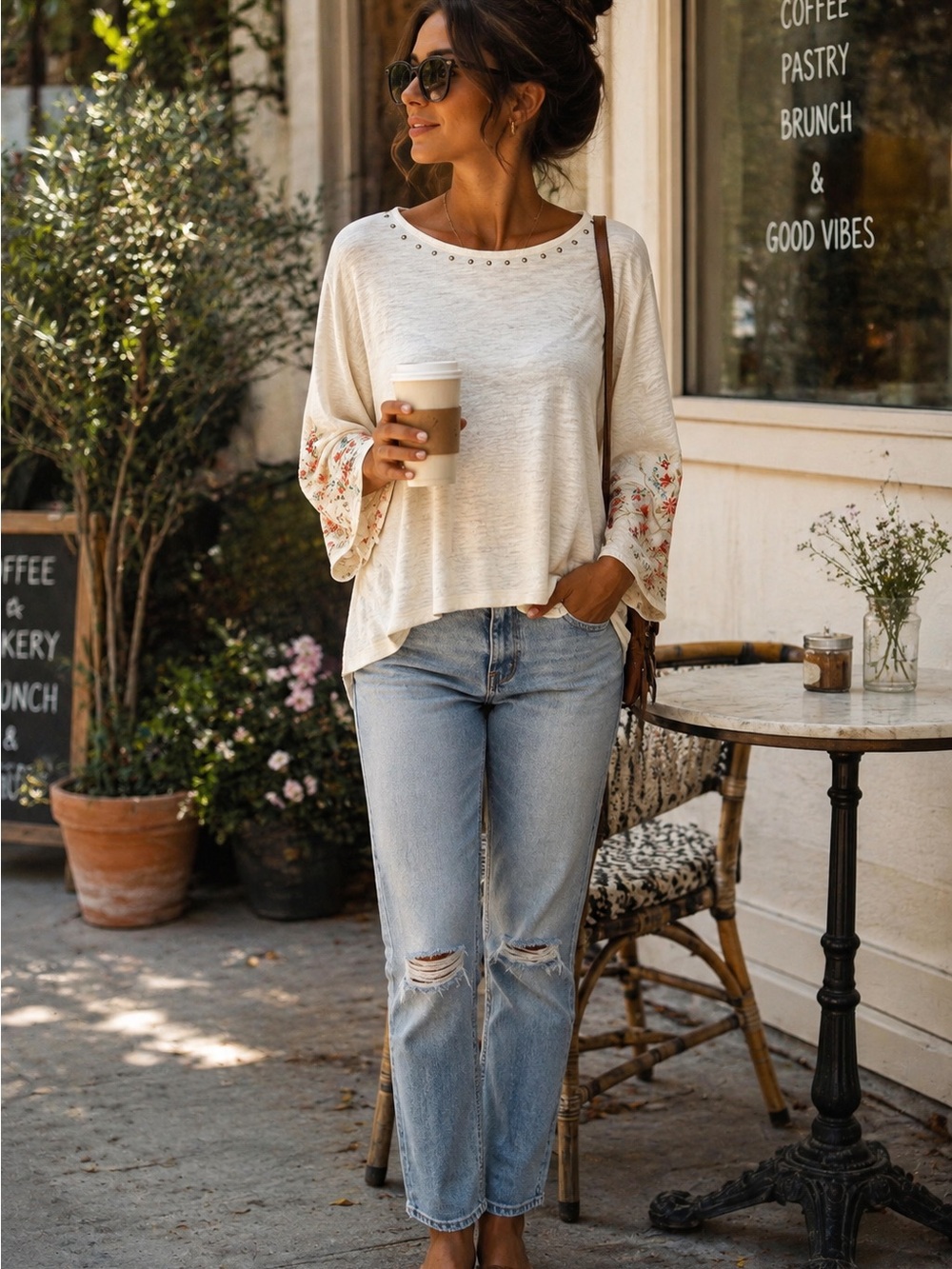 Multiples Cream Floral Bell-Sleeve Top with Studded Neckline